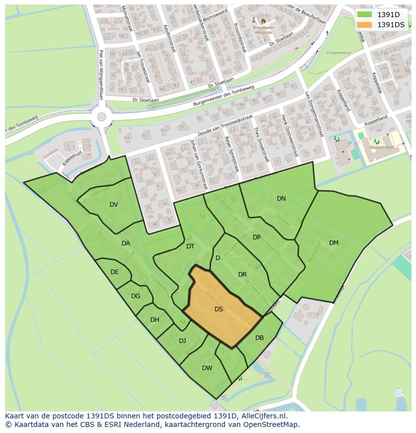 Afbeelding van het postcodegebied 1391 DS op de kaart.