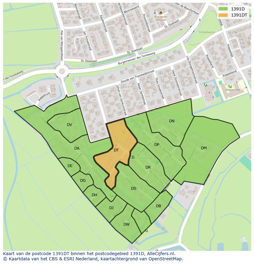 Afbeelding van het postcodegebied 1391 DT op de kaart.