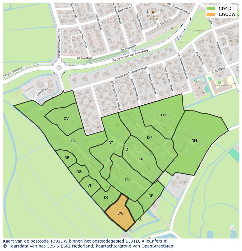 Afbeelding van het postcodegebied 1391 DW op de kaart.