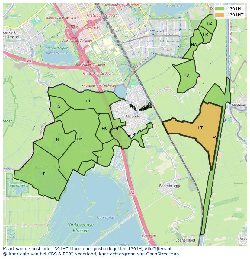 Afbeelding van het postcodegebied 1391 HT op de kaart.