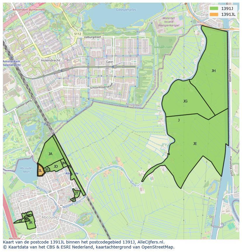 Afbeelding van het postcodegebied 1391 JL op de kaart.