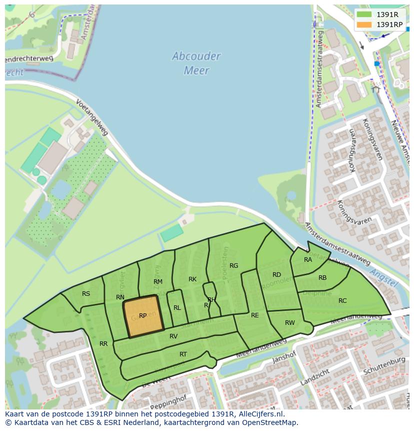 Afbeelding van het postcodegebied 1391 RP op de kaart.