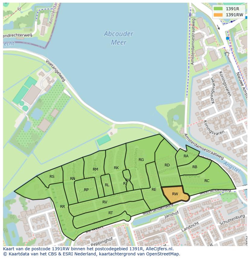 Afbeelding van het postcodegebied 1391 RW op de kaart.