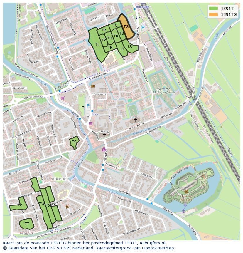 Afbeelding van het postcodegebied 1391 TG op de kaart.
