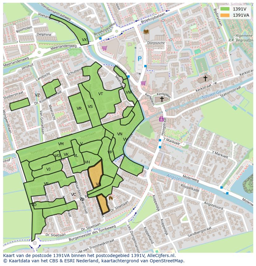 Afbeelding van het postcodegebied 1391 VA op de kaart.