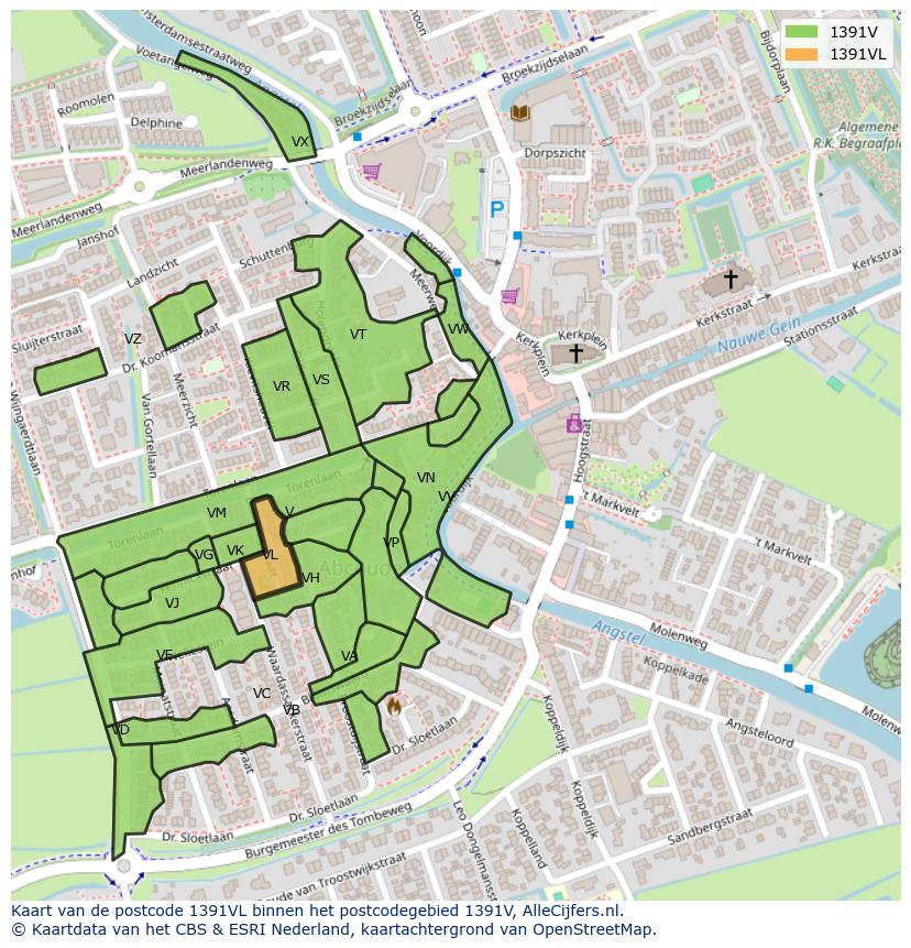 Afbeelding van het postcodegebied 1391 VL op de kaart.