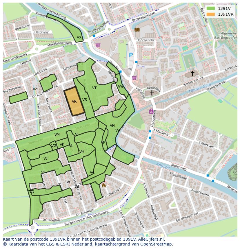 Afbeelding van het postcodegebied 1391 VR op de kaart.