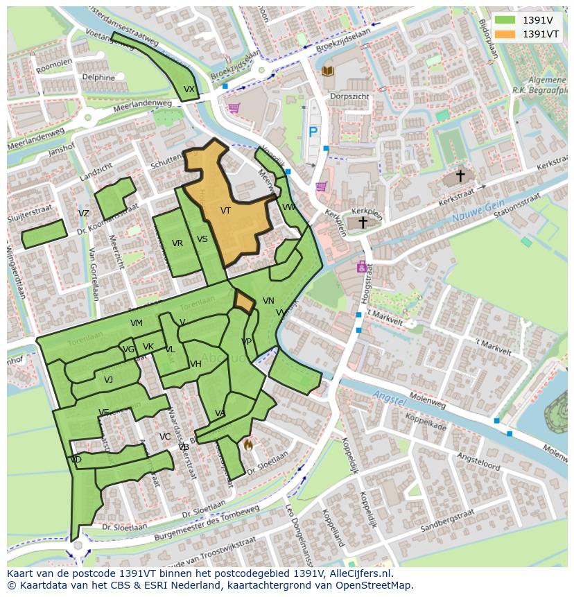 Afbeelding van het postcodegebied 1391 VT op de kaart.