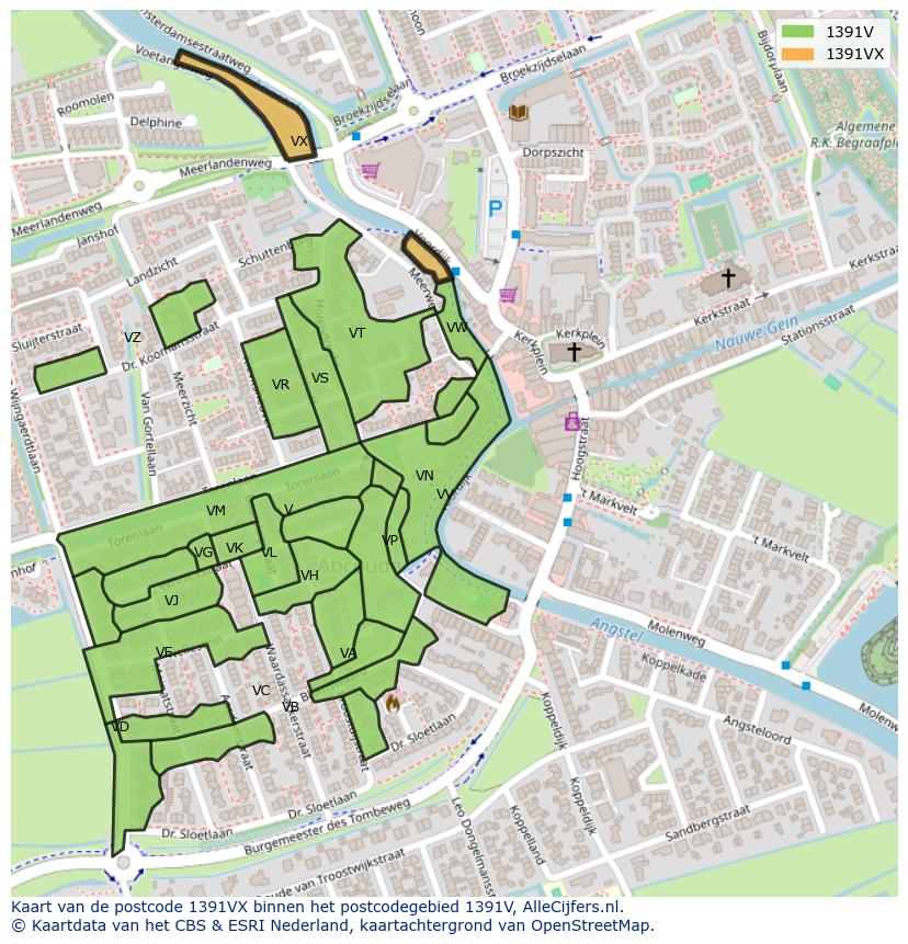Afbeelding van het postcodegebied 1391 VX op de kaart.