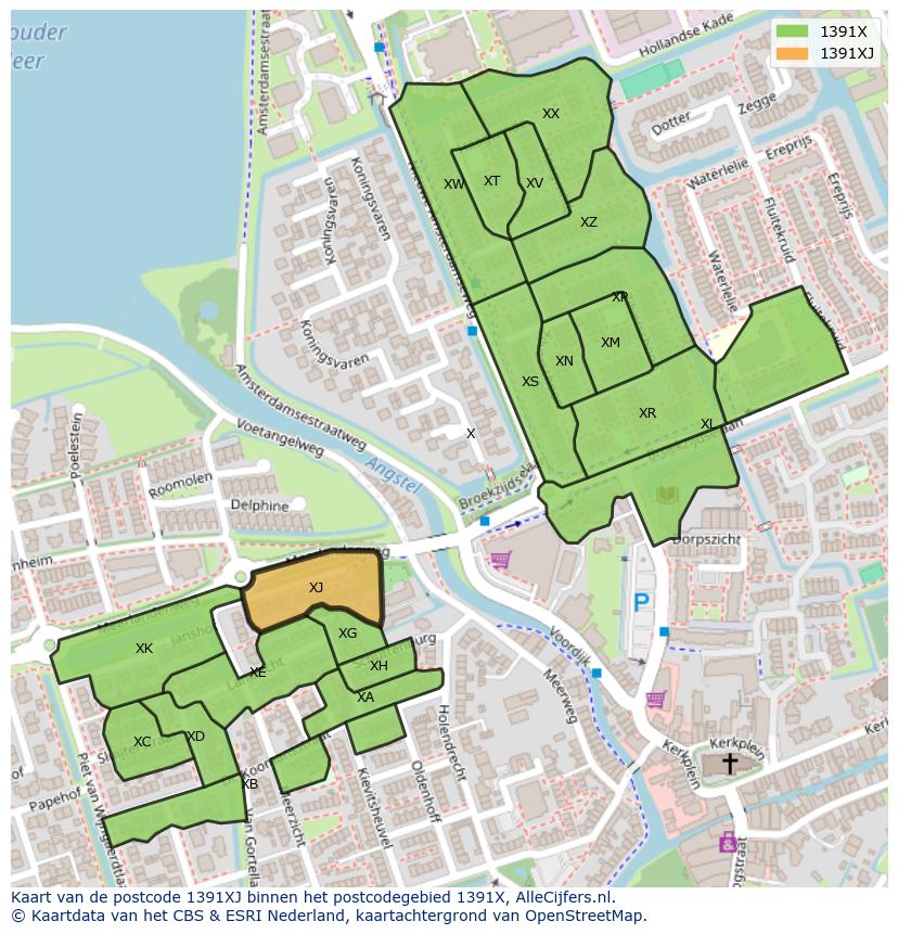 Afbeelding van het postcodegebied 1391 XJ op de kaart.