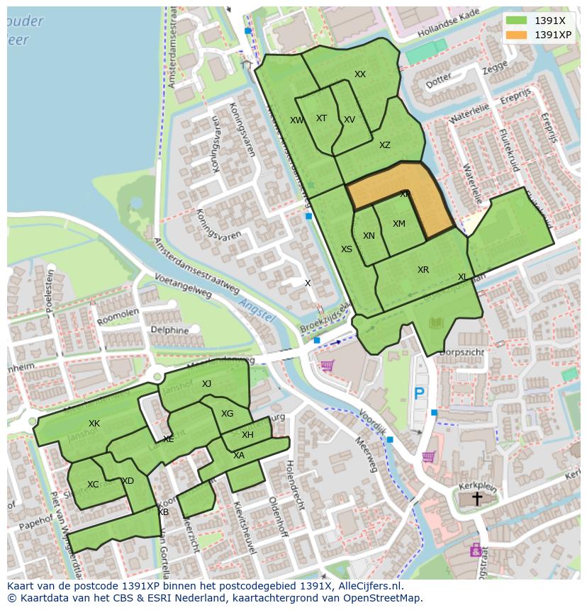 Afbeelding van het postcodegebied 1391 XP op de kaart.