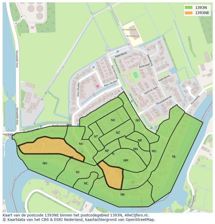 Afbeelding van het postcodegebied 1393 NE op de kaart.