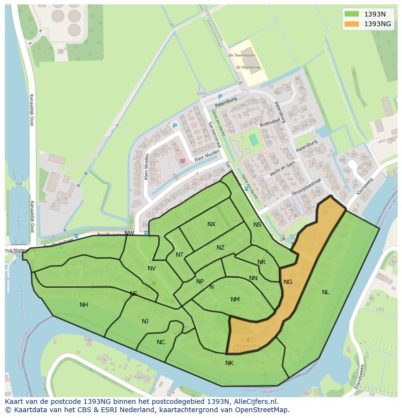 Afbeelding van het postcodegebied 1393 NG op de kaart.