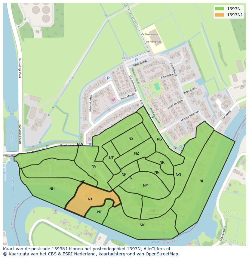 Afbeelding van het postcodegebied 1393 NJ op de kaart.