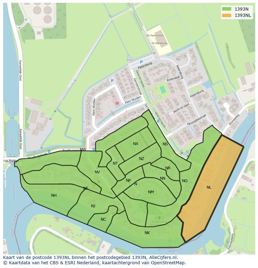 Afbeelding van het postcodegebied 1393 NL op de kaart.