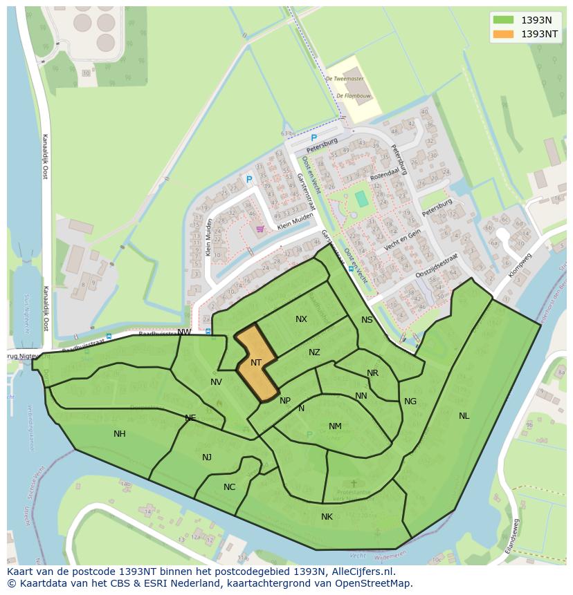 Afbeelding van het postcodegebied 1393 NT op de kaart.