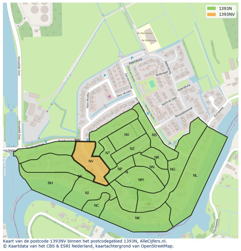 Afbeelding van het postcodegebied 1393 NV op de kaart.