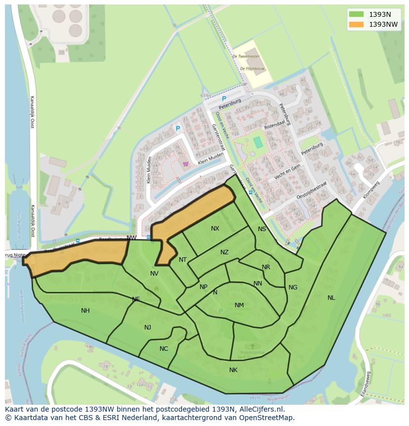 Afbeelding van het postcodegebied 1393 NW op de kaart.