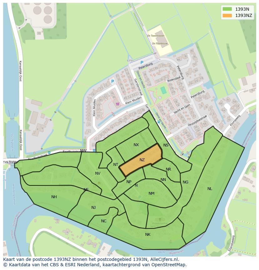 Afbeelding van het postcodegebied 1393 NZ op de kaart.