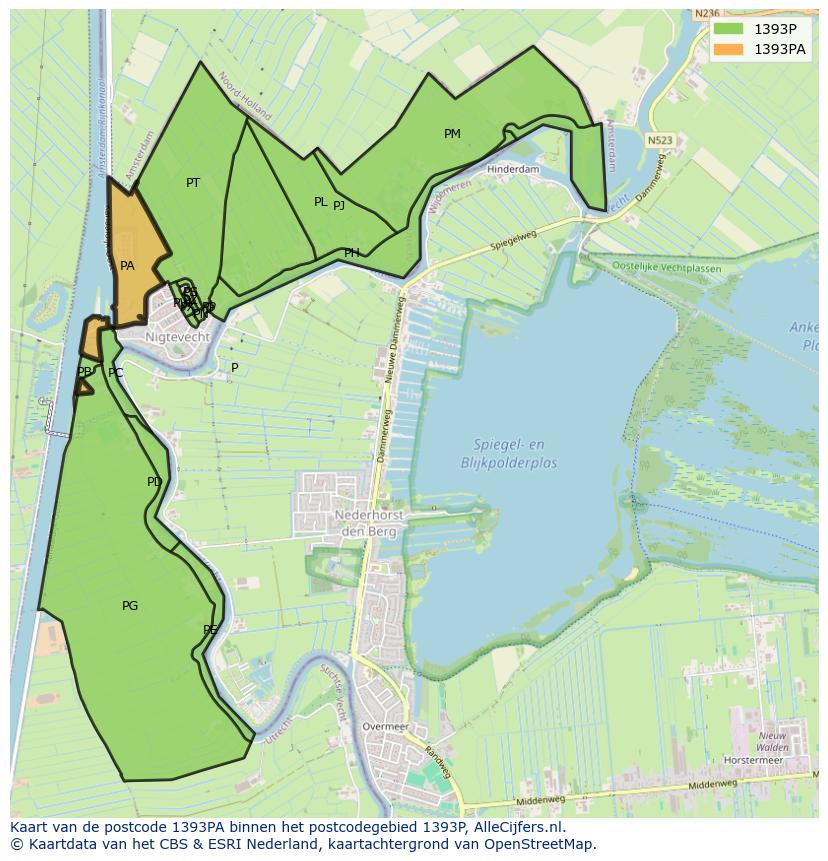 Afbeelding van het postcodegebied 1393 PA op de kaart.
