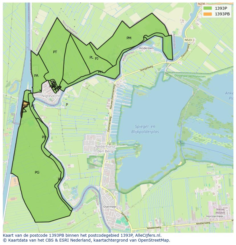 Afbeelding van het postcodegebied 1393 PB op de kaart.