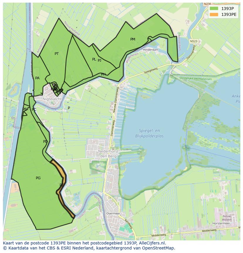 Afbeelding van het postcodegebied 1393 PE op de kaart.