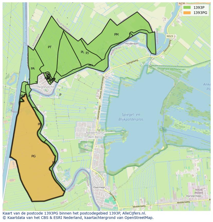 Afbeelding van het postcodegebied 1393 PG op de kaart.
