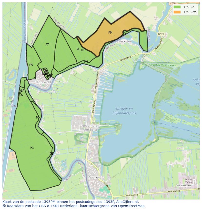 Afbeelding van het postcodegebied 1393 PM op de kaart.