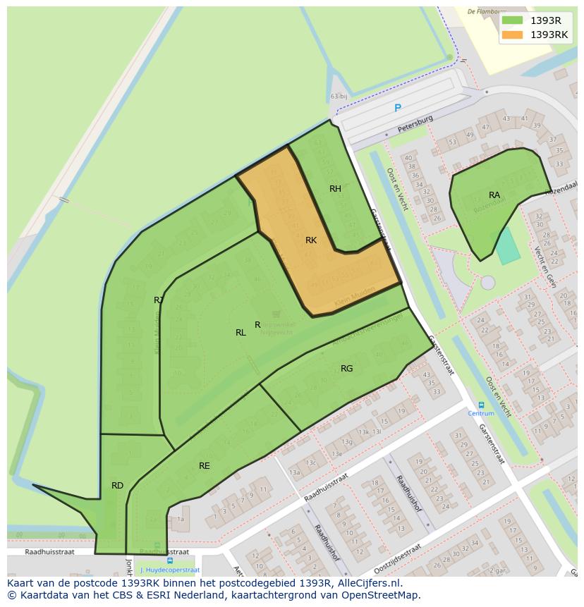 Afbeelding van het postcodegebied 1393 RK op de kaart.