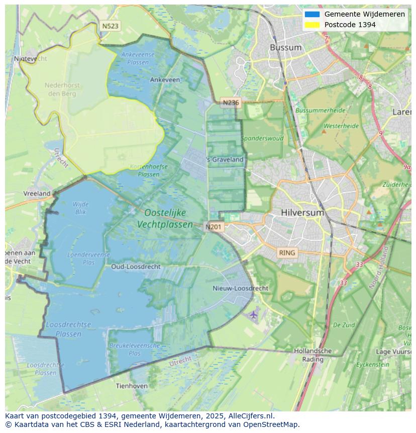 Afbeelding van het postcodegebied 1394 op de kaart.