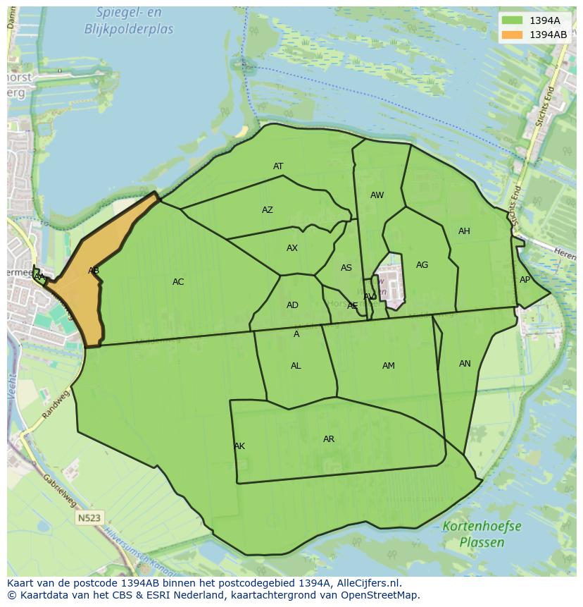 Afbeelding van het postcodegebied 1394 AB op de kaart.