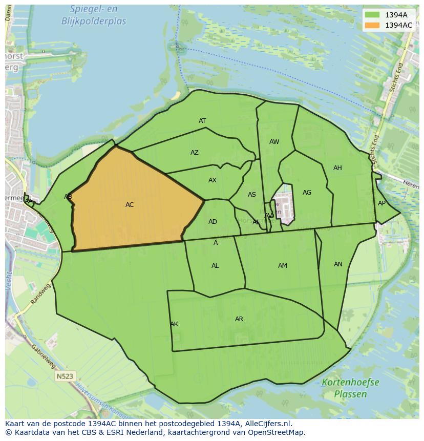 Afbeelding van het postcodegebied 1394 AC op de kaart.