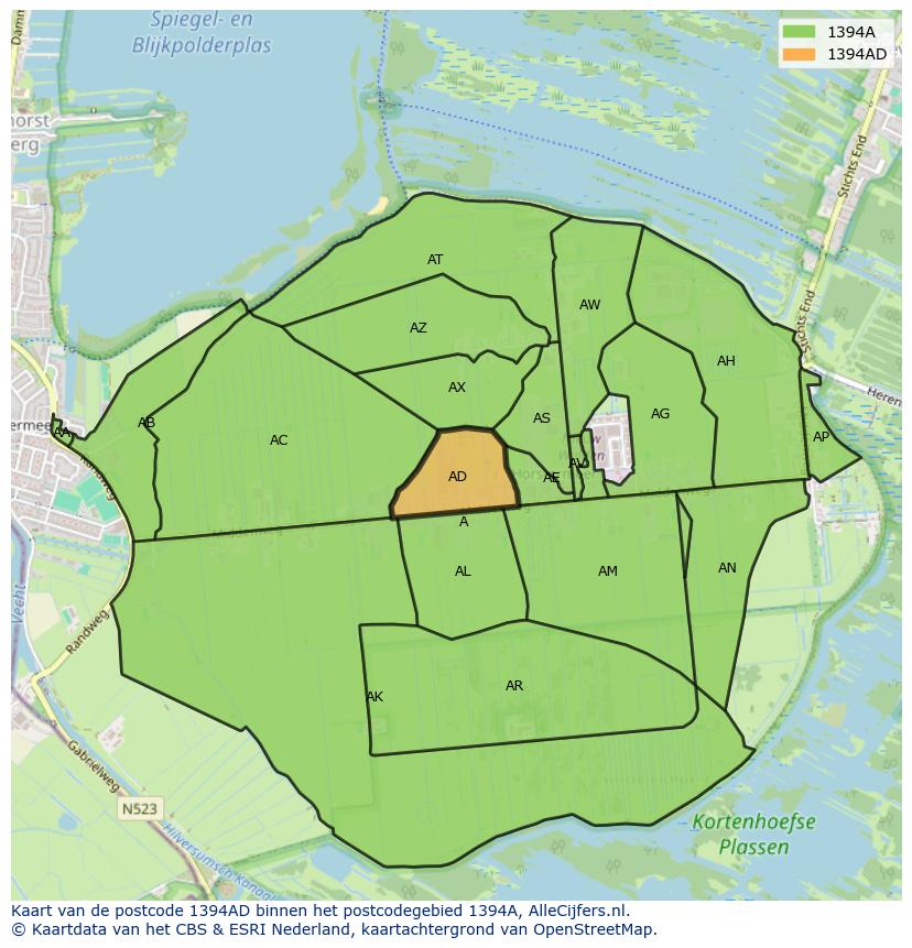 Afbeelding van het postcodegebied 1394 AD op de kaart.