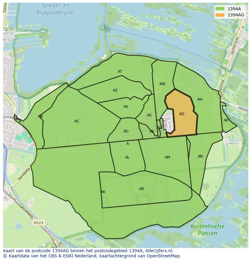 Afbeelding van het postcodegebied 1394 AG op de kaart.