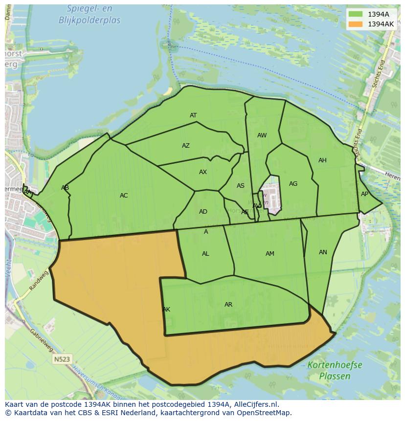 Afbeelding van het postcodegebied 1394 AK op de kaart.