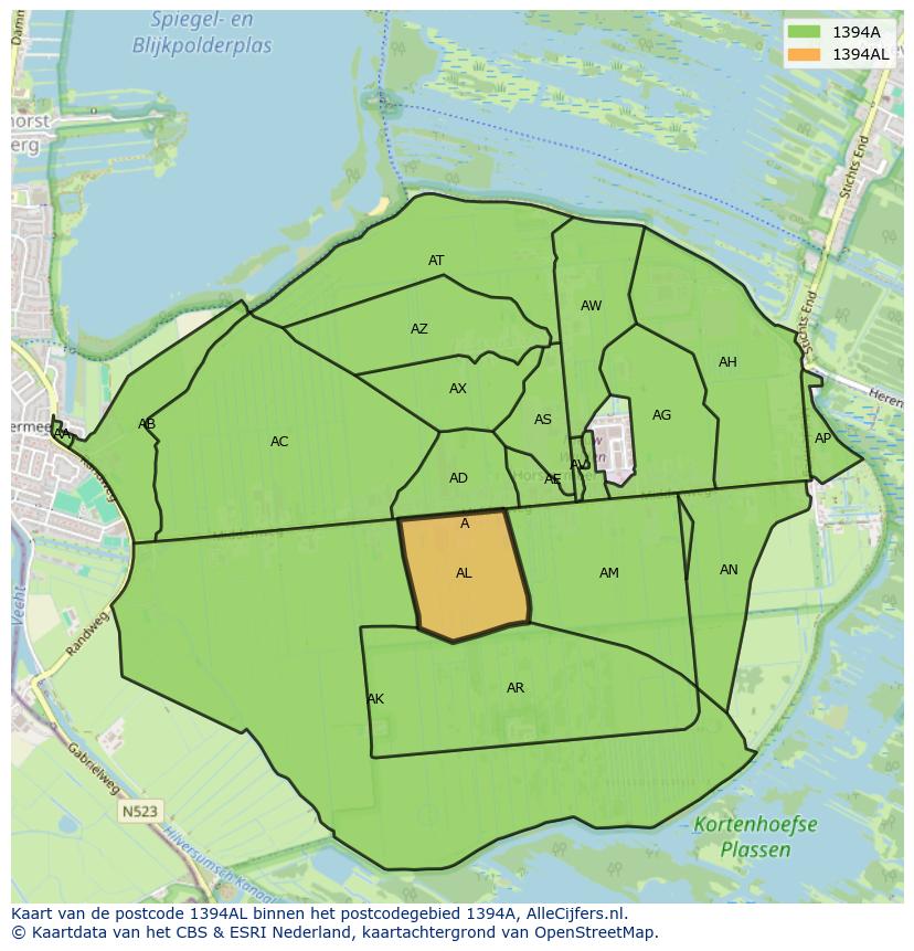 Afbeelding van het postcodegebied 1394 AL op de kaart.