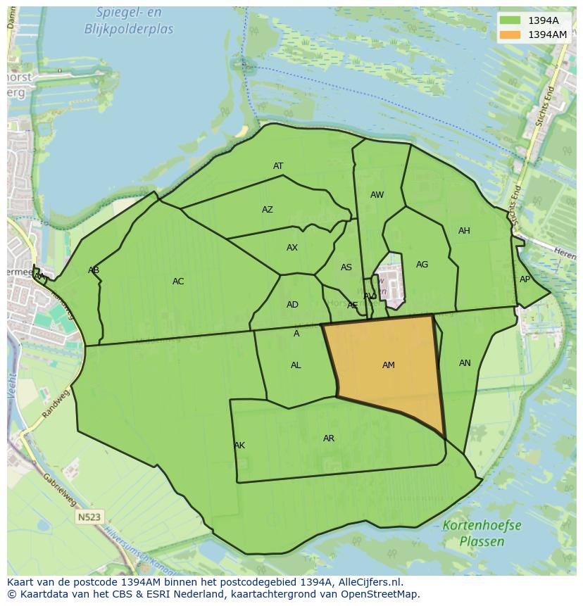 Afbeelding van het postcodegebied 1394 AM op de kaart.