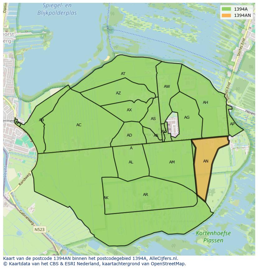 Afbeelding van het postcodegebied 1394 AN op de kaart.