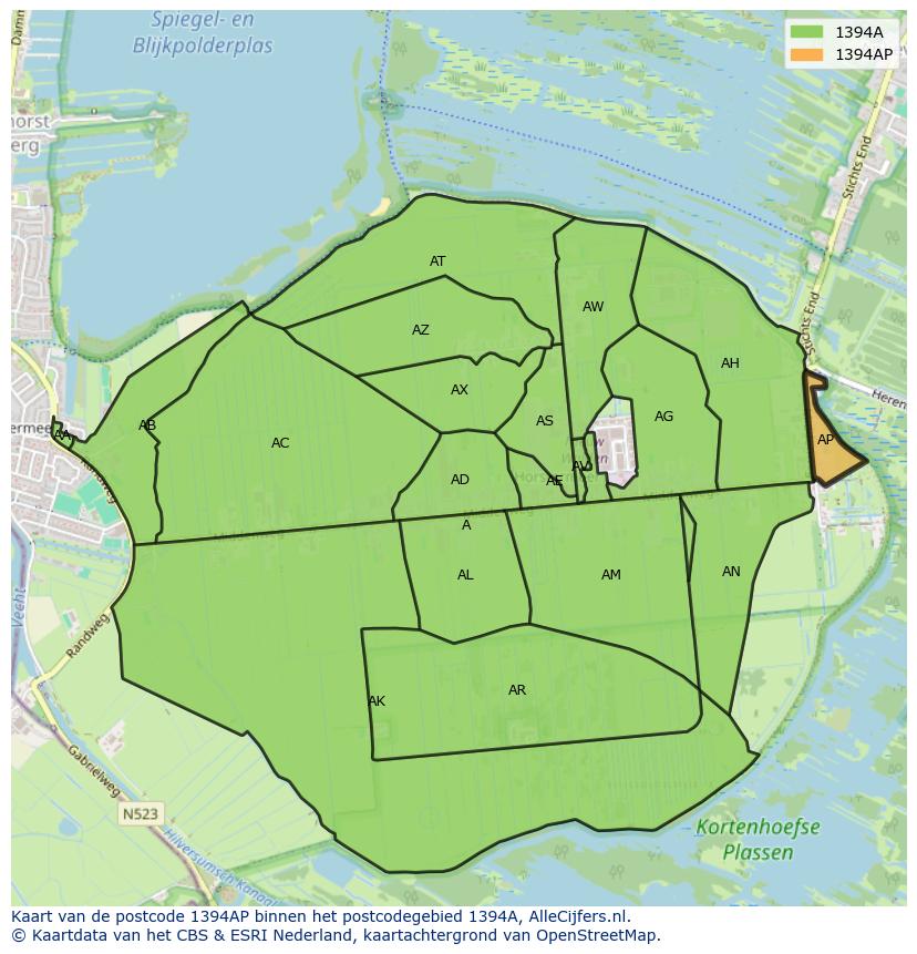 Afbeelding van het postcodegebied 1394 AP op de kaart.