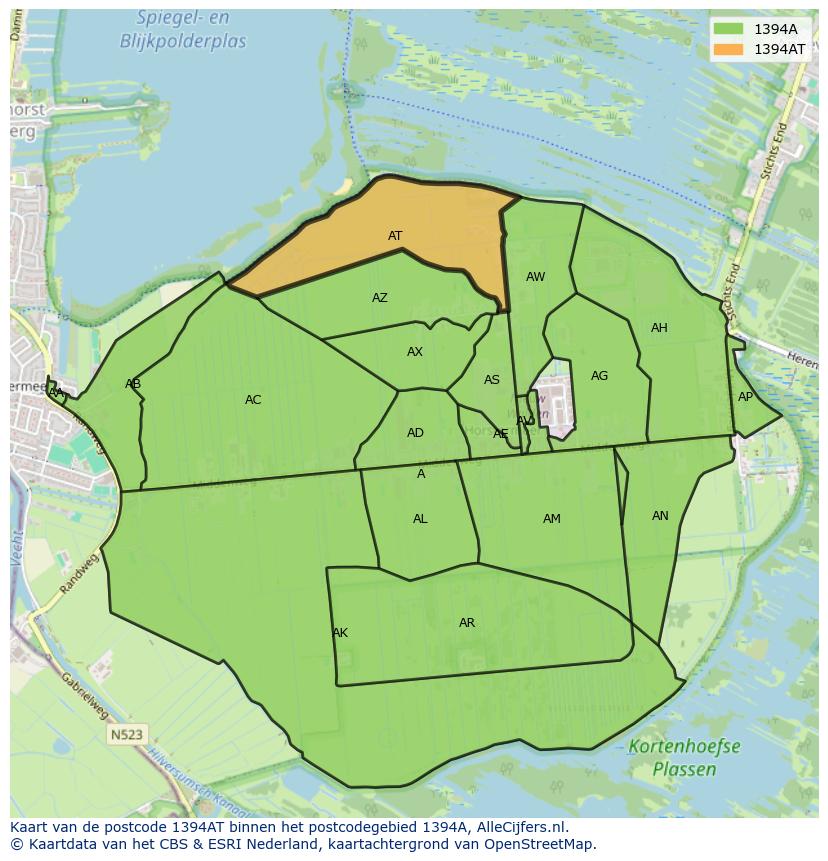 Afbeelding van het postcodegebied 1394 AT op de kaart.