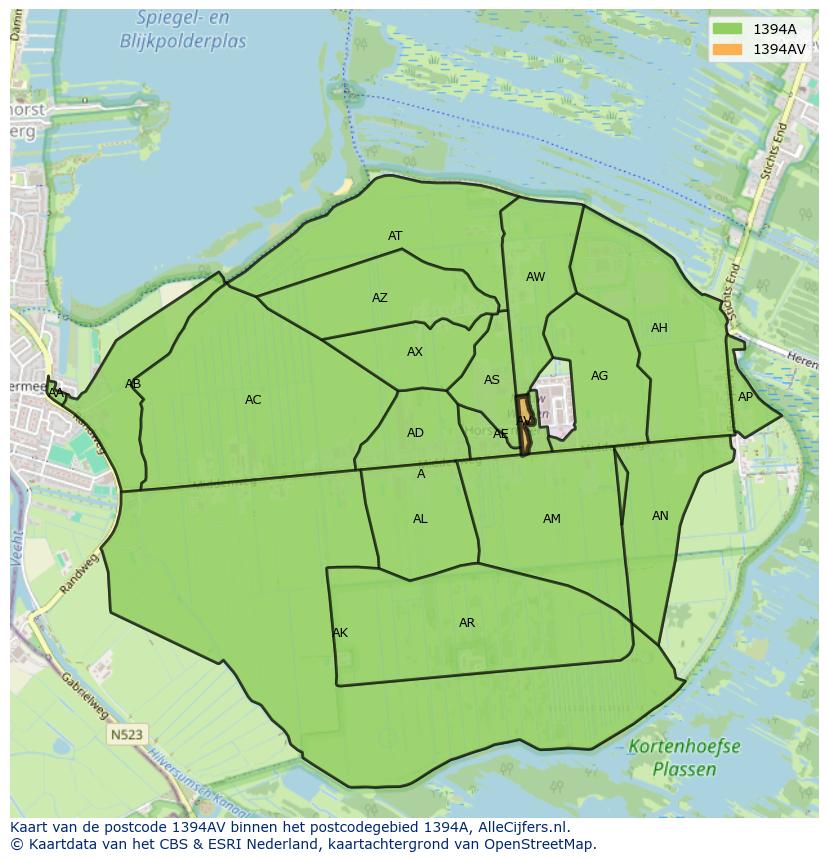 Afbeelding van het postcodegebied 1394 AV op de kaart.
