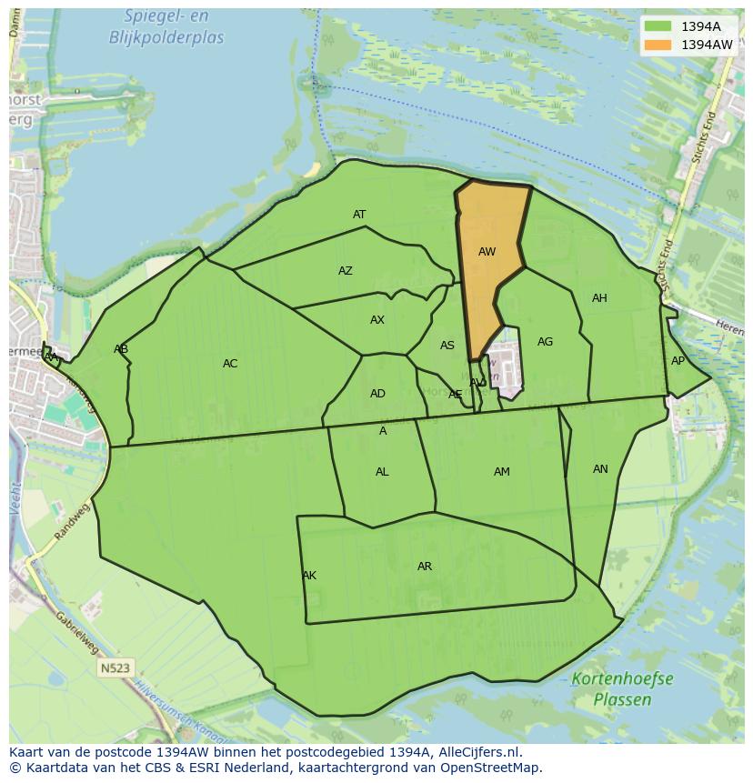 Afbeelding van het postcodegebied 1394 AW op de kaart.