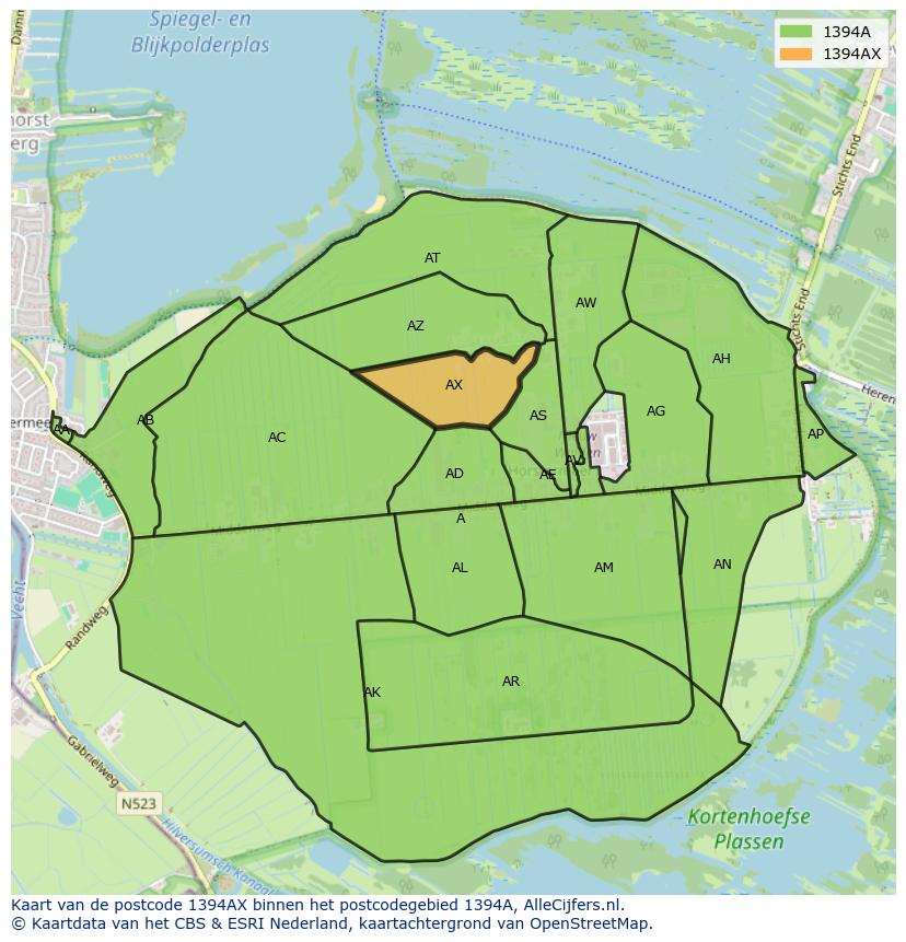 Afbeelding van het postcodegebied 1394 AX op de kaart.