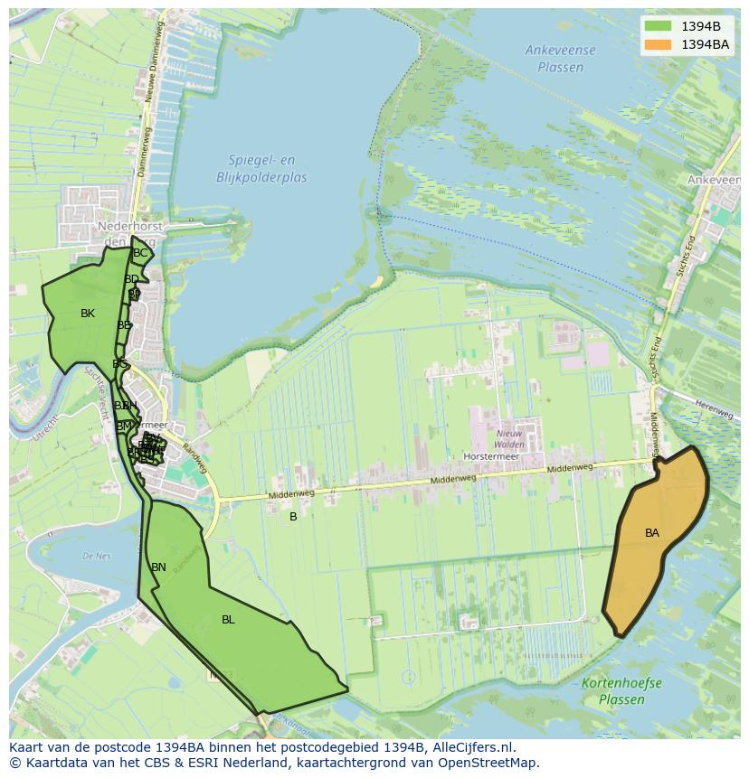 Afbeelding van het postcodegebied 1394 BA op de kaart.