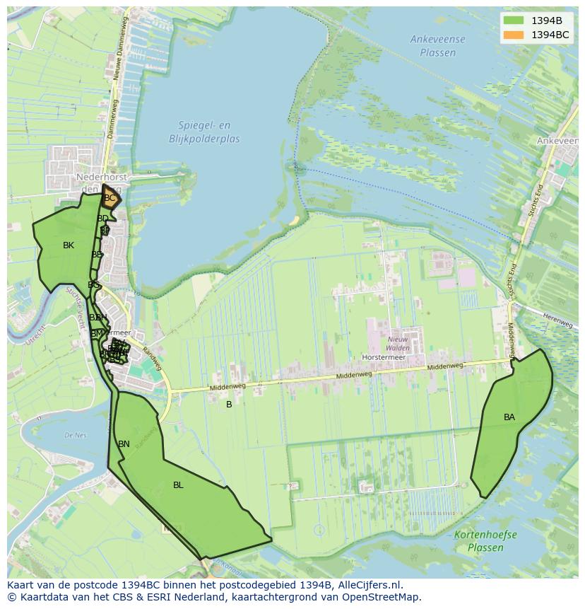 Afbeelding van het postcodegebied 1394 BC op de kaart.