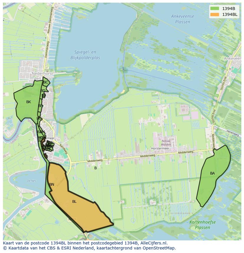 Afbeelding van het postcodegebied 1394 BL op de kaart.