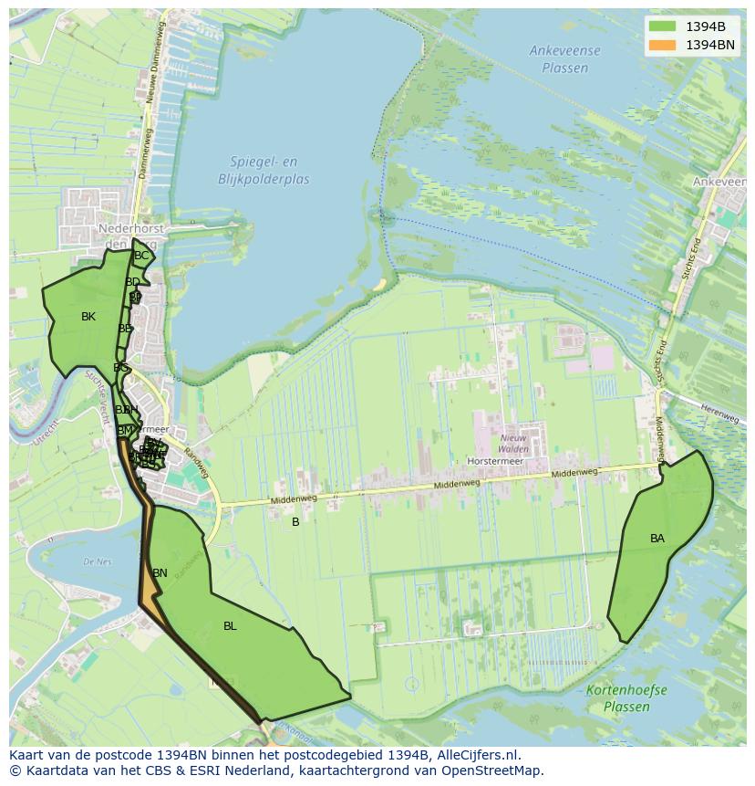Afbeelding van het postcodegebied 1394 BN op de kaart.
