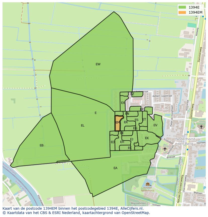 Afbeelding van het postcodegebied 1394 EM op de kaart.
