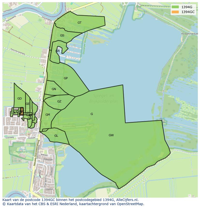 Afbeelding van het postcodegebied 1394 GC op de kaart.