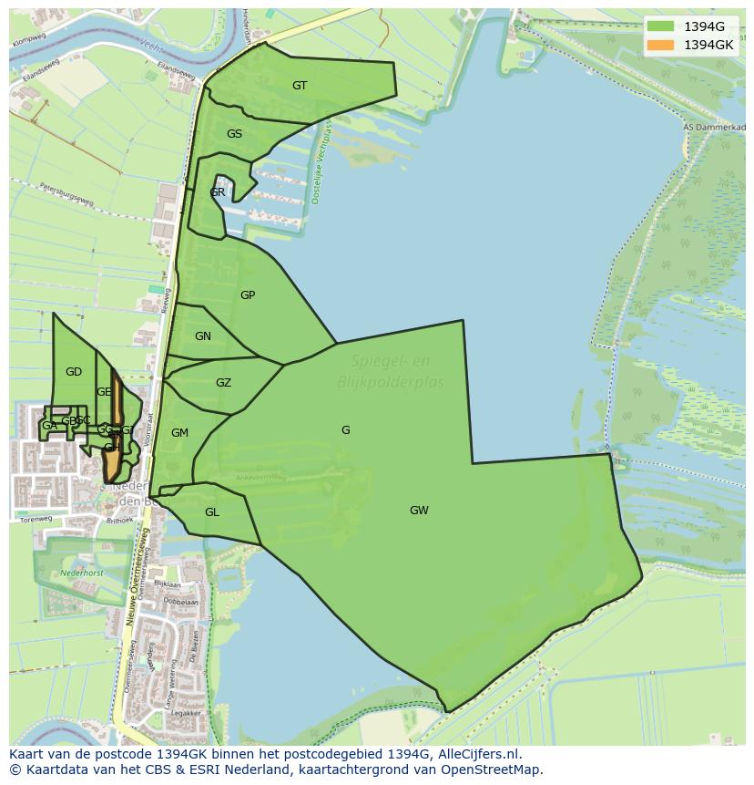 Afbeelding van het postcodegebied 1394 GK op de kaart.